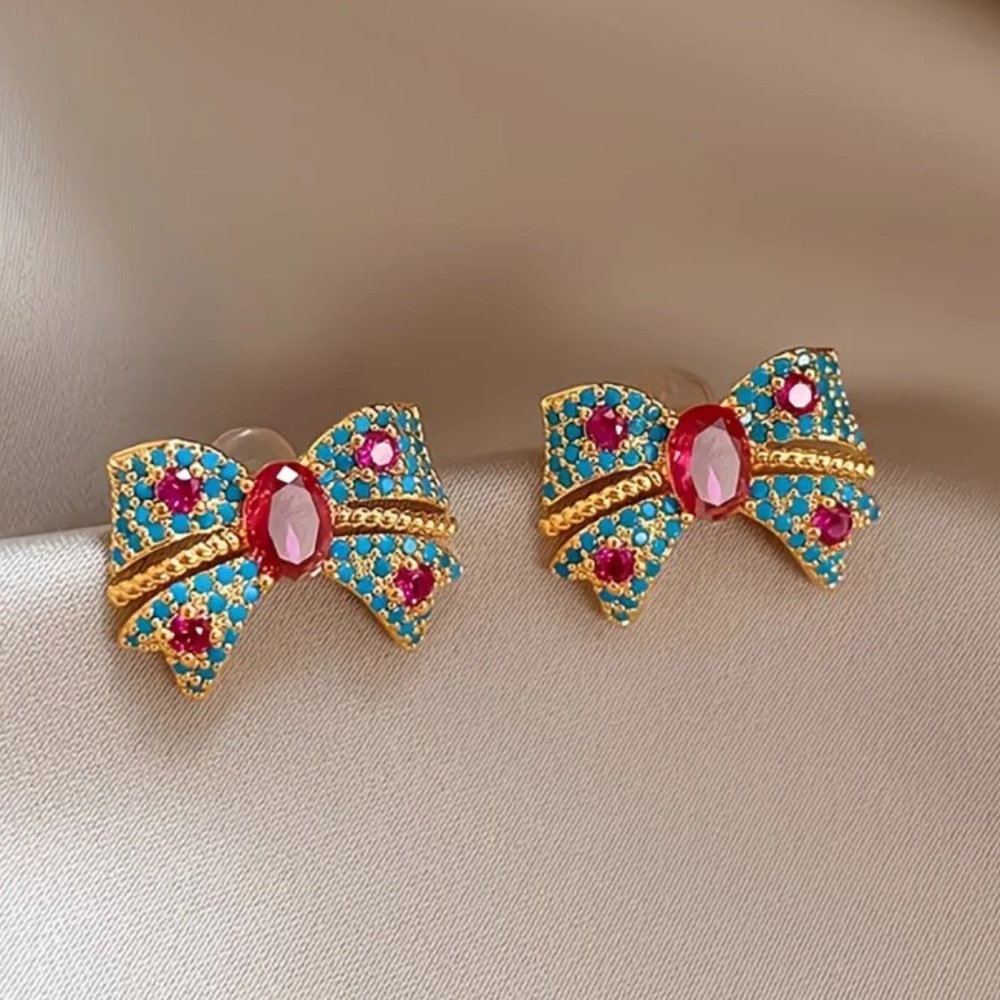 Vintage Style Gold Bow Earrings Red Ruby Center Turquoise Crystal Studs